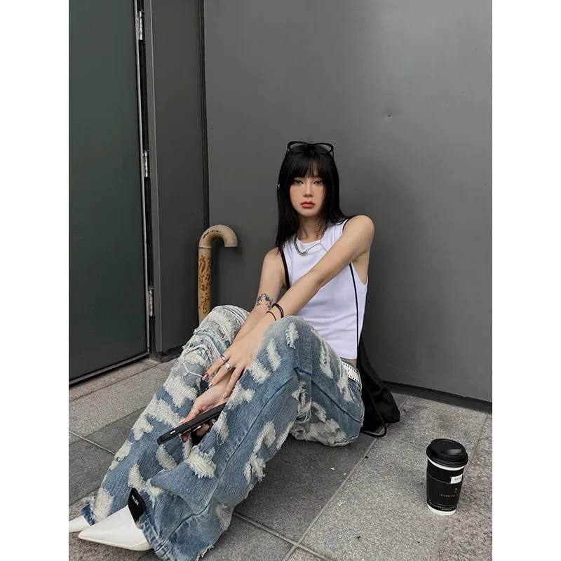 여성용 빈티지 블루 찢어진 청바지, 헐렁한 데님 바지, 2000 년대 하이웨이스트 한국 Y2k 스트리트웨어, 여성 펑크 와이드 레그 바지 의류