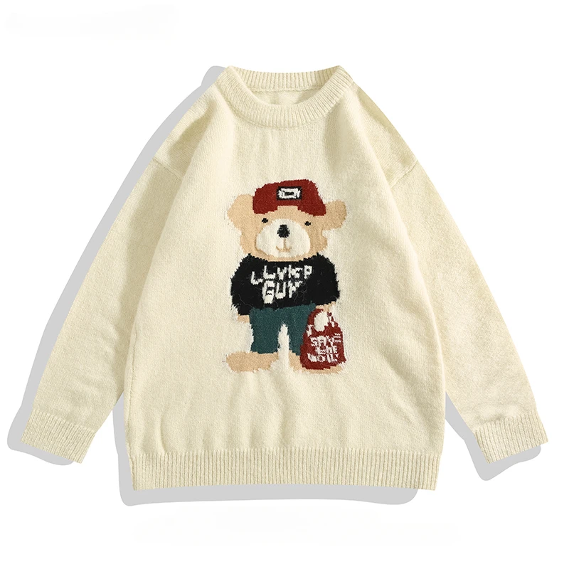 

Japanese Style Jacquard Cartoon Bear Long-sleeved Sweaters Autumn Winter Hip-hop Casual Versatile Knitted Pullovers Male Clothes