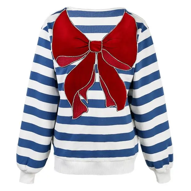 Blingbling Water Drill Red Velvet Bow Lazy Wind Loose Pullovers Top Women 2023 New Spring Age Reducing Navy Stripes Sweatshirt