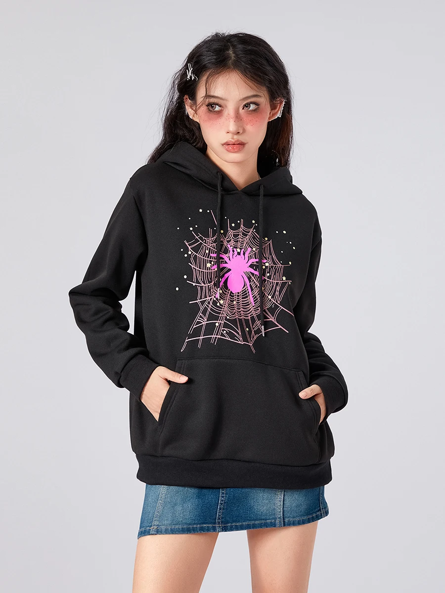 

Women Halloween Hoodies Long Sleeve Hooded Cobweb Spider Print Pullovers Fall Autumn Loose Tops with Pocket