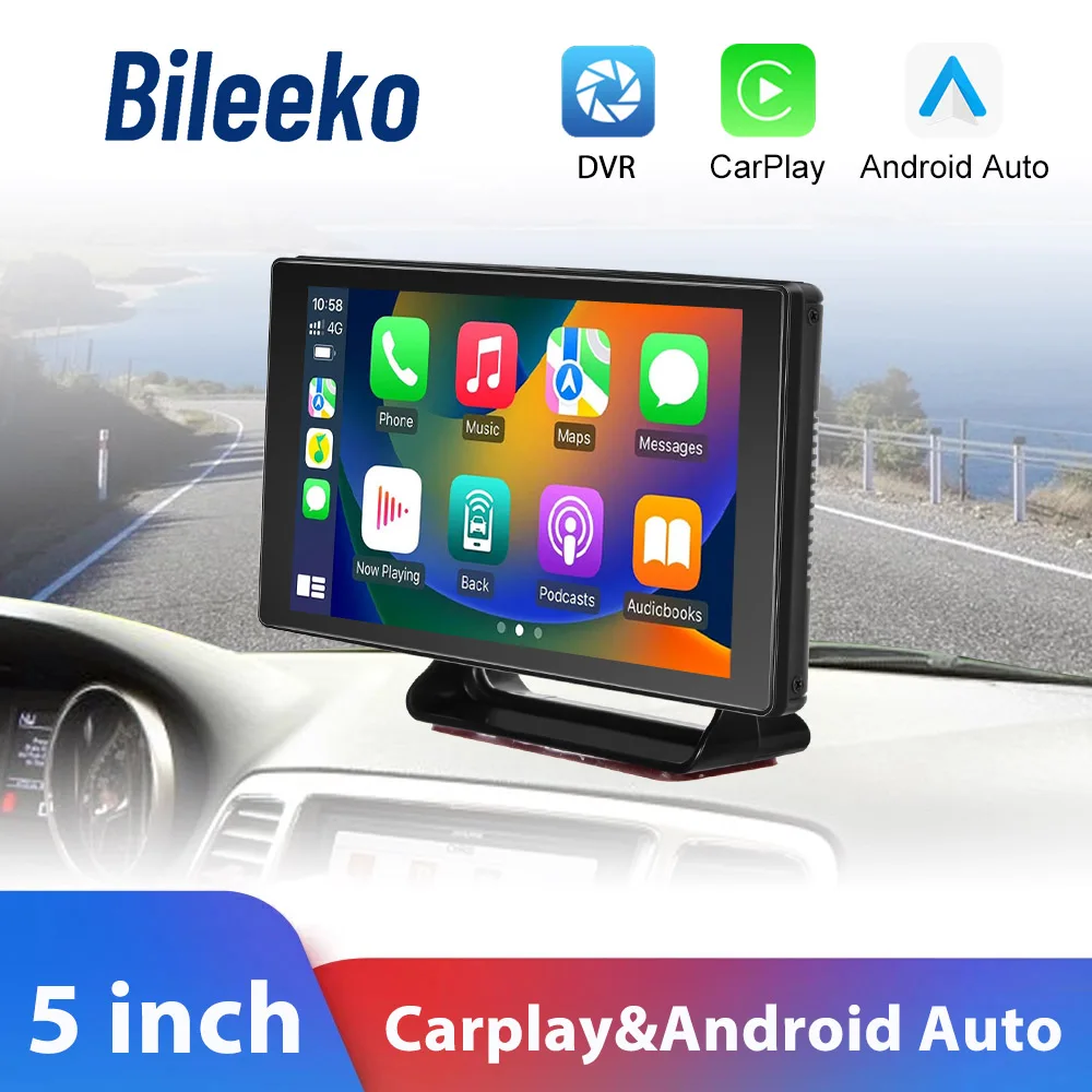 

Bileeko 5inch Car DVR Dash Camera Carplay Monitor Android Auto Smart Player Voice Control FM Bluetooth Support Rear Cam