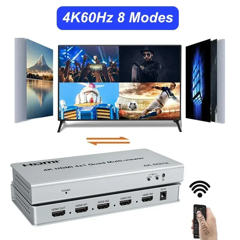 4K 4x1 HDMI 멀티 뷰어 쿼드 스크린 4 입력 1 출력 8 모드 스위처 4K@60Hz PIP 90 °   180 °   PS4/PC/DVD/보안 카메라를 TV로 연결하기 위한 플립 어댑터