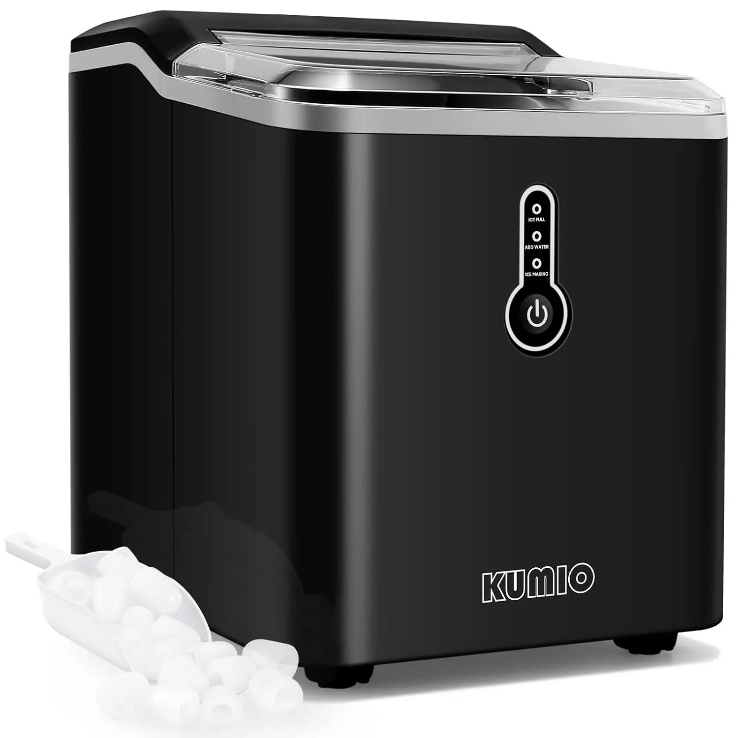 

KUMIO Ice Makers Countertop, 9 Thick Bullet Ready in 6-9 Mins 26.5 Lbs in 24Hrs Portable Maker with Ice Scoop and Basket