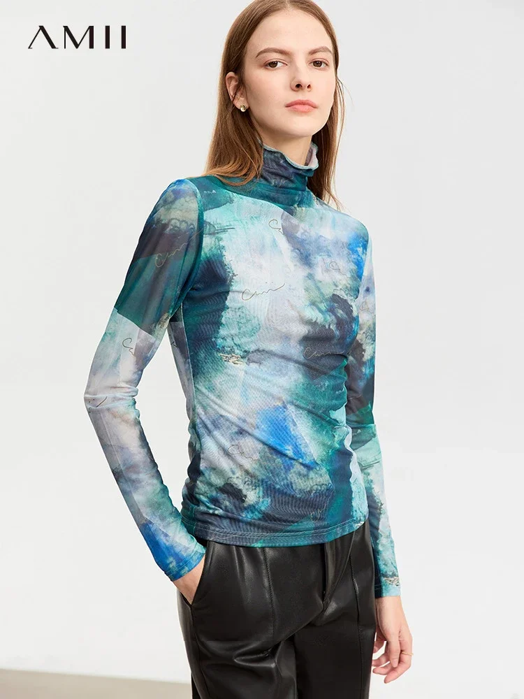 

AMII Chinese Style Gauze T-shirt For Women 2023 Autumn New Slim-fit Warm Base Shirt Half High Neck Stretch Quality Tops 12343384