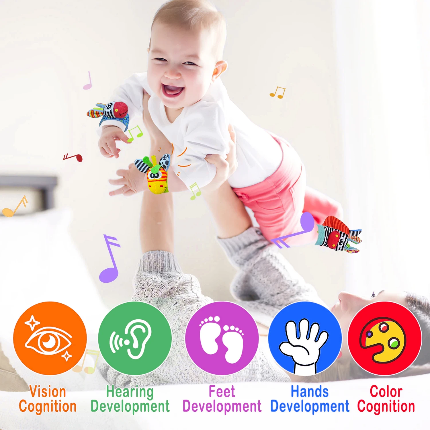 4PCS Baby Rattles Toys 0-12 Months Baby Toys Animal Socks Wrist Strap Sock Set Rattle Baby Foot Socks Sensory Toys for Babies 4