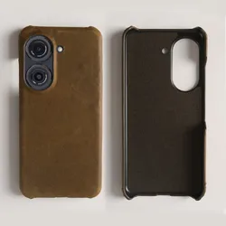 Handcrafted Genuine Leather Crazy Horse Pattern Phone Case - Real Cowhide Cover Housing Coque Back Shell - Asus Zenfone 9 (Brown 3805)