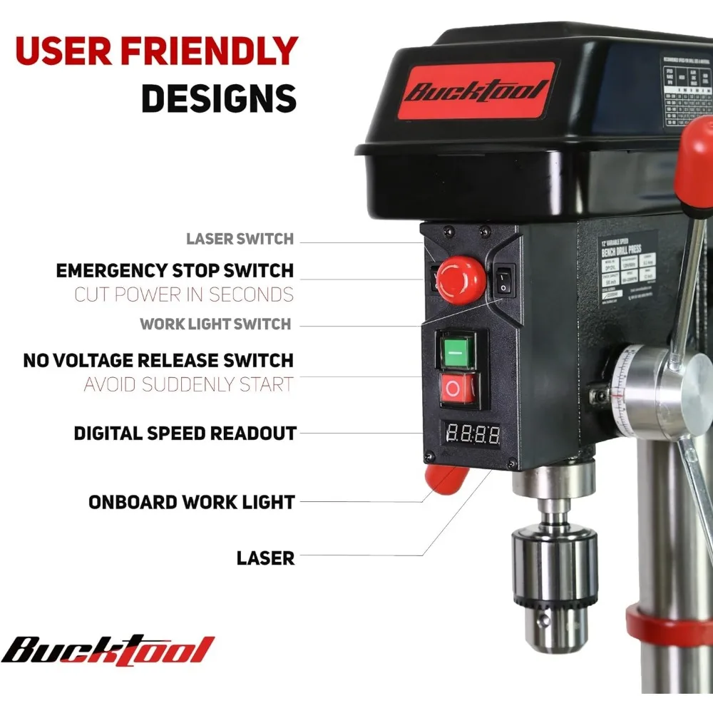 12 INCH 6.2A Professional Bench Drill Press, 3/4HP Powerful Benchtop Drill Press, Variable Speed Drill Press with IIIA Laser 4