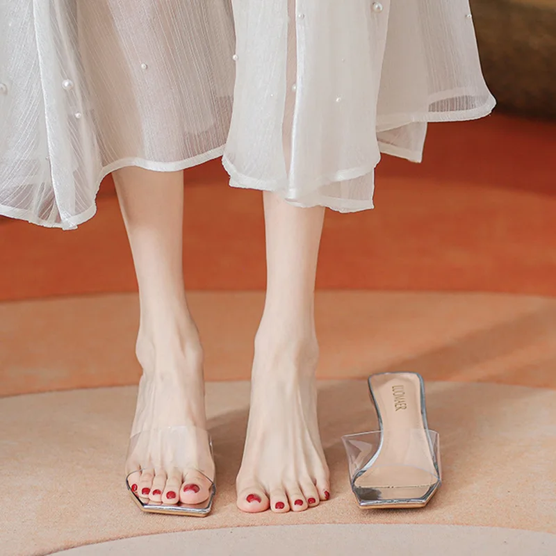 2024 Leisure Summer  Fashion Outdoor Clothing Pink Transparent Crystal 5.5CM High Heel Square Head Women's Sandals and Slippers