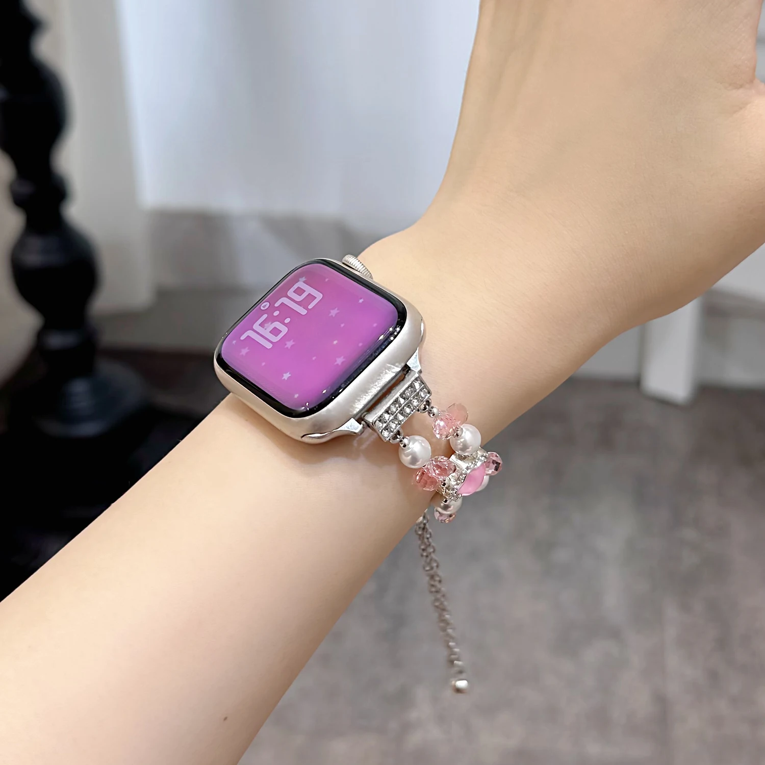 Damen-Armband mit funkelndem Stern, Perlenarmband für Apple Watch-Armband, 46/45/44/42/40–40 mm, hochwertiges, duftendes Armband für die iWatch-Serie – Detail 9