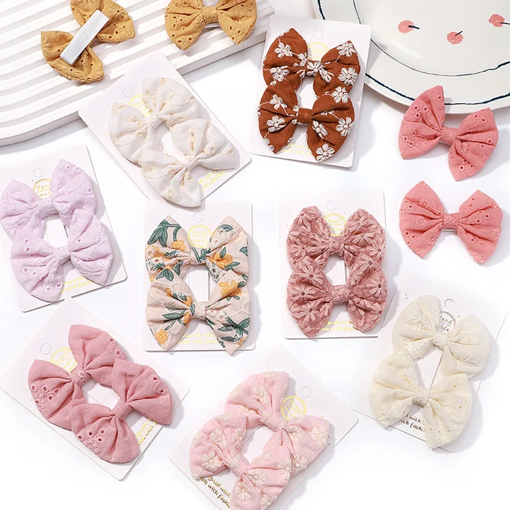 

2pcs/set Embroidery Bows Hair Clips Solid Hairpins for Girls Handmade Cotton Barrettes Kids Butterfly Hair Pin Korean Headwear