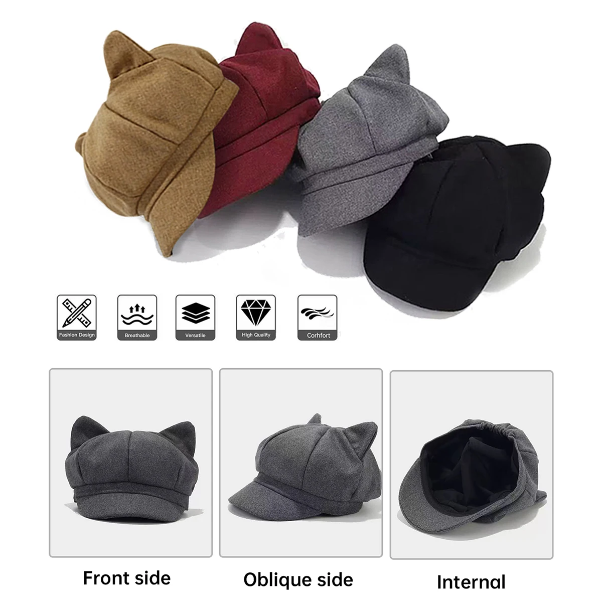 Autumn and Winter New Cute Cat Ear Internet Celebrity Octagonal Hat British Retro Woolen Peaked Cap Solid Color Trendy Painter Hat for Shopping and Students