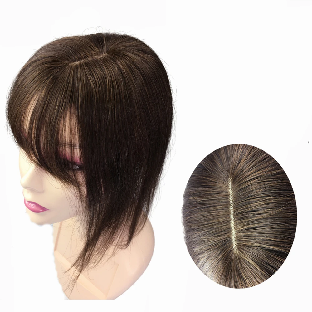 10x11cm Human Hair Toppers For Women Clips In Hairpiece With Bangs for Mild Thinning Hair Cover Grey Dark Brown human hair toppers