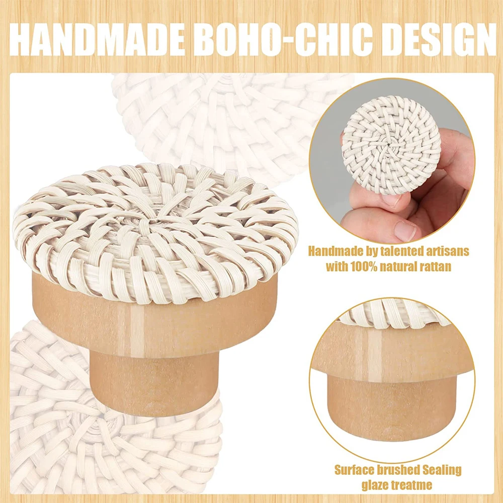 Rattan Wooden Handles Round Handmade Cabinets Drawer Pulls Wood Kitchen Cupboard Wardrobe Door Dresser Knobs 1-24pcs