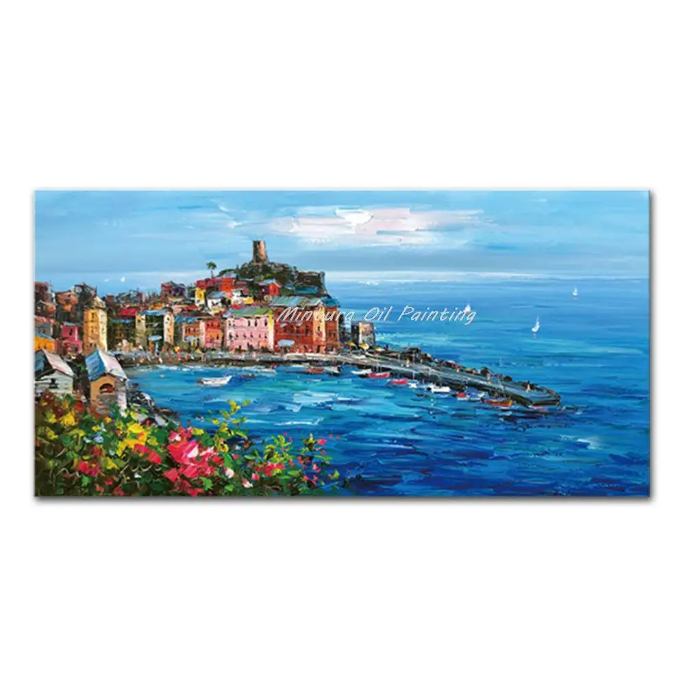 thumbnail image 1 of Mintura Obra de arte hecha a mano de gran tamaño Pintura al óleo pintada a mano sobre lienzo La hermosa ciudad costera Arte de pared moderno para decoración del hogar, 1 of 5