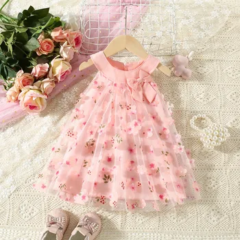 (0-3 Years Old) Summer Mesh All Over Flower Bow Baby Girl Dress Cute Sleeveless Girl Princess Dress 1