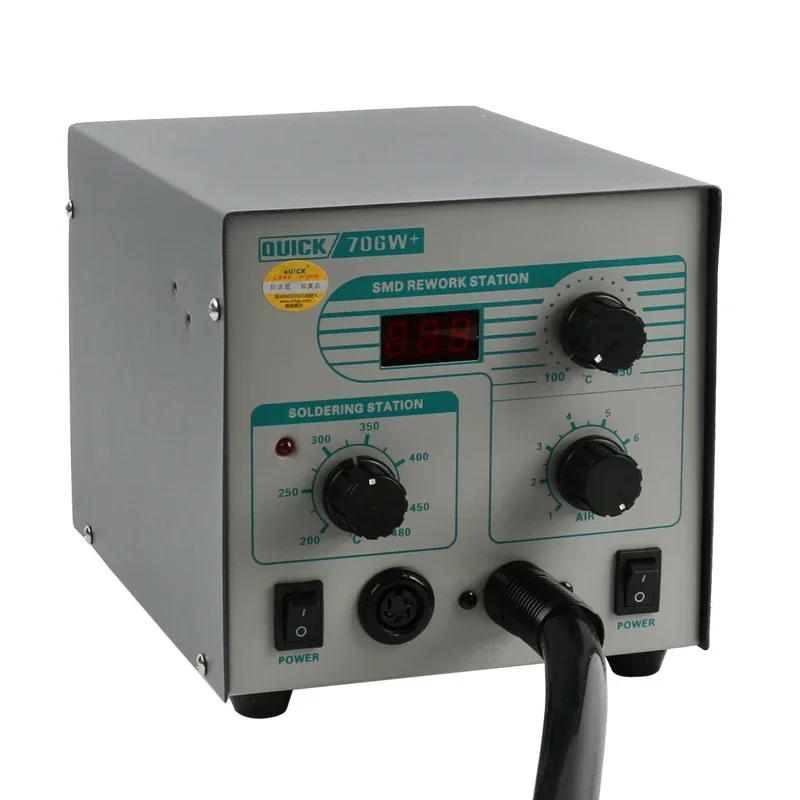 QUICK 706W+ 2 In 1 LED Display Adjustable Hot Air Rework Station Soldering Station Lead-free Desoldering With 3 Nozzles