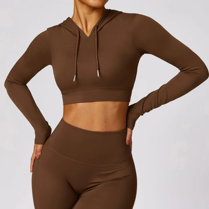 Spring Quick-Drying Long-Sleeved Yoga Clothes Training Outdoor Running SportsTT-shirt Hooded Workout Clothes Top8579