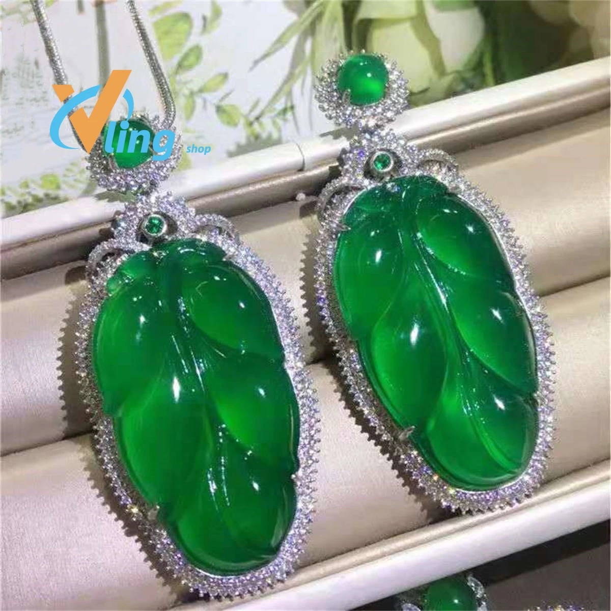 

925 Silver Inlaid High Ice Green Chalcedony Gold Branch Jade Leaf Pendant Necklace Sweater Chain Gift CharmJewelry Exquisite