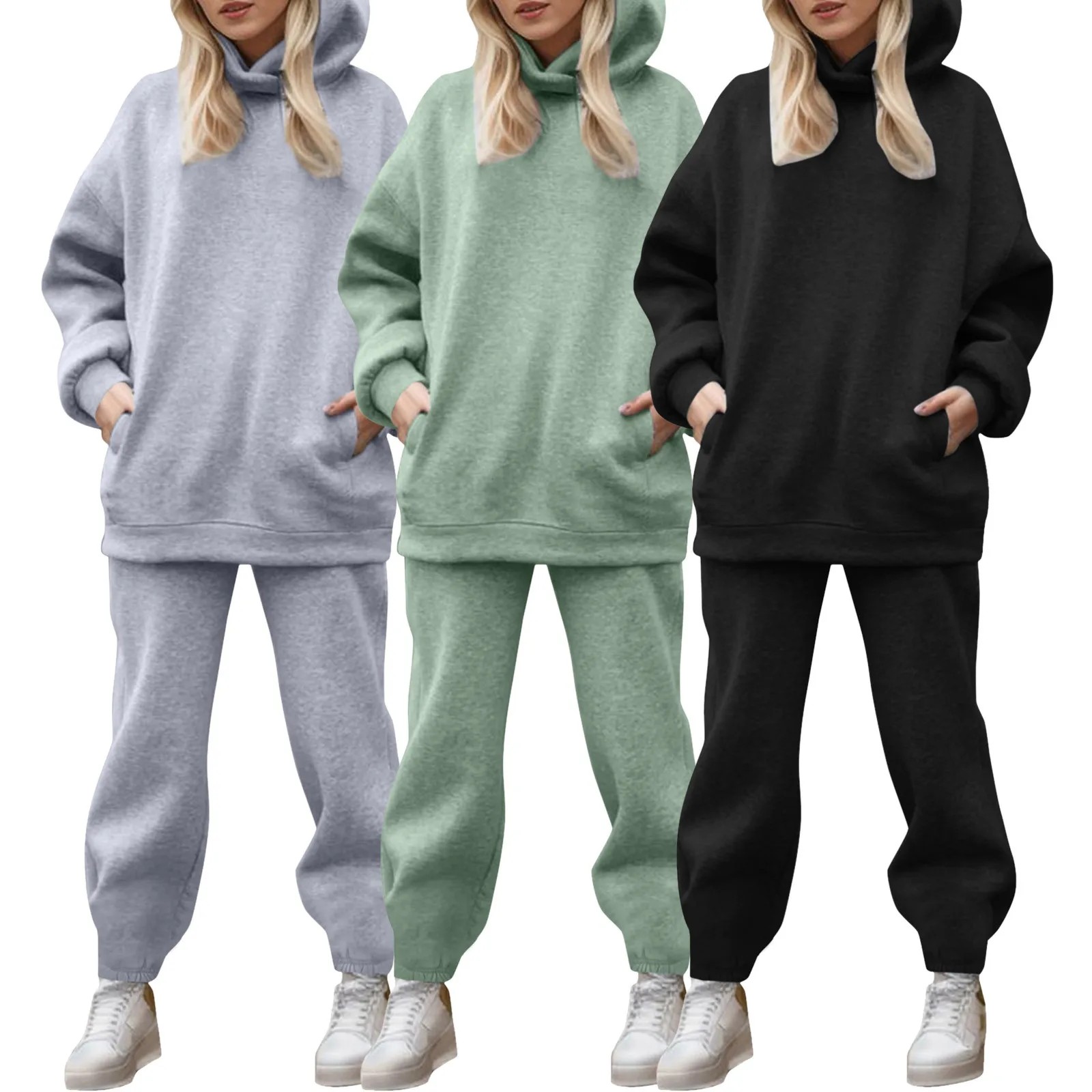 

2023 Autumn Winter Women Sweatshirt Set Plus Size Casual Simple Hooded 2 Piece Outfit Set Fashion Gym Jogging Pant Tracksuit Set