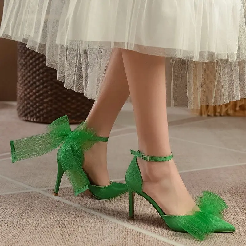 

2022 Pointed Toe Women High Heels Pumps Big Butterfly-Knot Stilettos Satin Buckle Strap Bride Shoes Wedding Dress Summer Heels