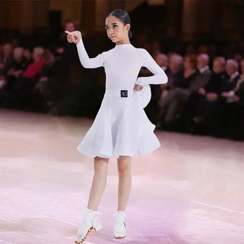 Girls Latin Dance Competition Clothing Glossy Fabric Long Sleeves Dance Dress Kids Cha Rumba Dance Practice Training Wear - Image 11