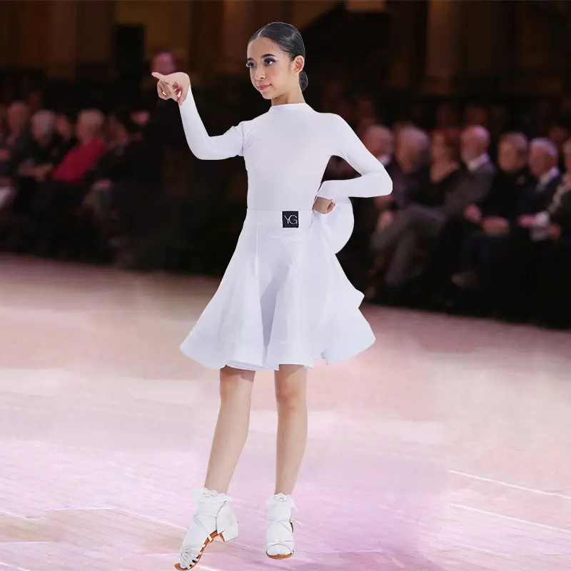Girls Latin Dance Competition Clothing Glossy Fabric Long Sleeves Dance Dress Kids Cha Rumba Dance Practice Training Wear - Image 11