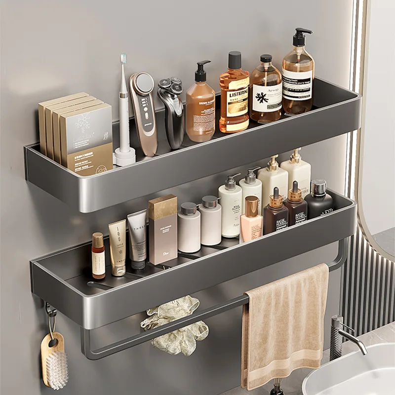 

Space Aluminum Punching Free Storage Rack Gun Gray Towel Rack Bathroom Balcony Wall Hanging Storage Rack Thickened