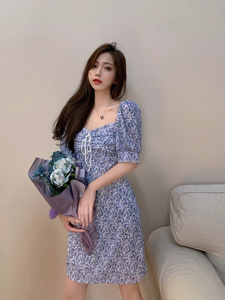 

Summer Dress Retro Boho Women Tie Neck Floral Print Floral Mini Sexy White Dress Elegant Puff Sleeve Dresses Korean Vestidos