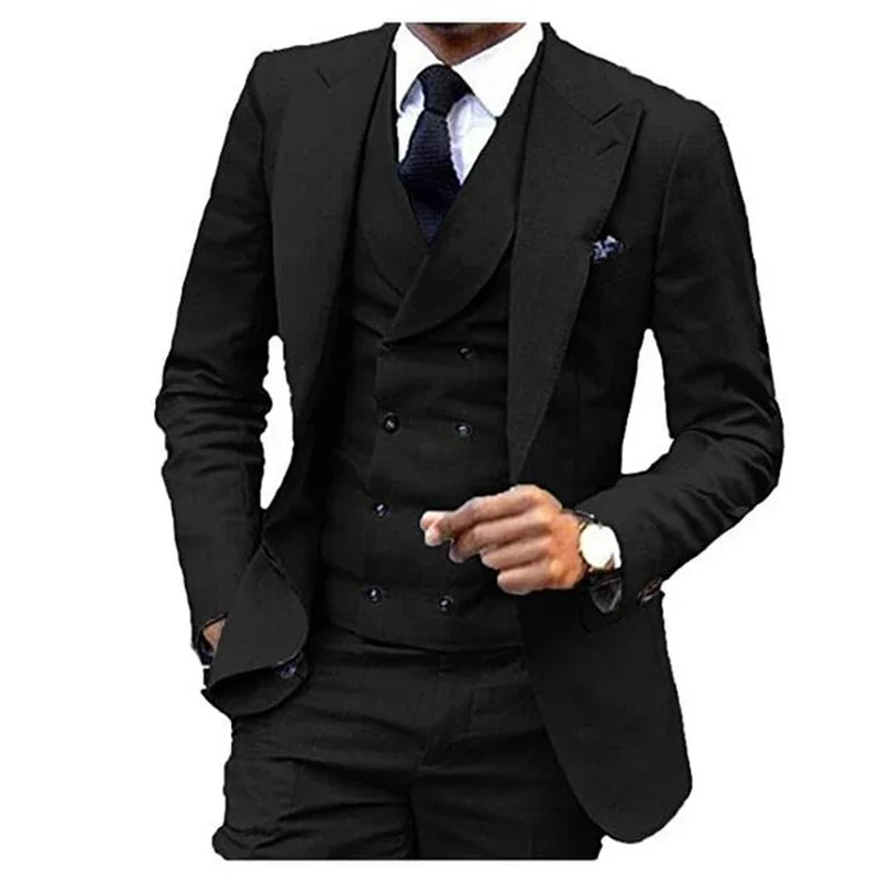 Men Suit One Button Lapel Double Breasted Slim 3 Piece Fit Casual Business Dress Suits For Wedding Tuxedo Coat Vest With Pants