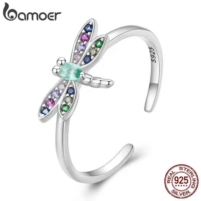 

Bamoer 925 Sterling Silver Dragonfly Opening Rings Colorful Zircon Finger Ring for Women Party Gift Unique Fine Jewelry BSR384