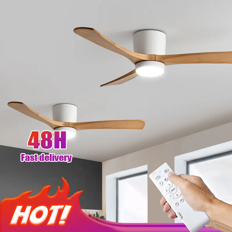 48 52inch Nordic Solid Wood Ceiling Fan Modern Minimalist Restaurant Living Room Bedroom Household,Fan with LED Lamp Ventilation