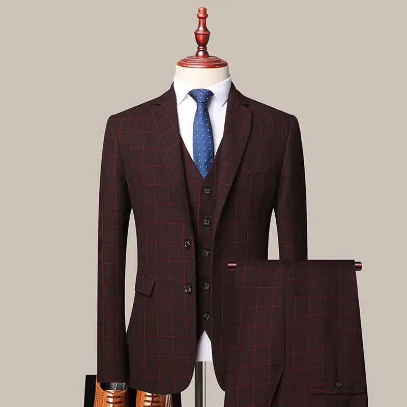 T42 Men's Plaid Fashion Business Gentleman Casual Formal Work Wedding Groomsman Suit