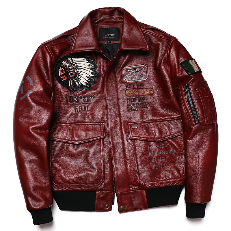 

2023 New Indian Embroidery A2 Flying Pilot Suit Genuine Leather Jacket Men's Cowhide Aviator Jackets 100% Red Clothing