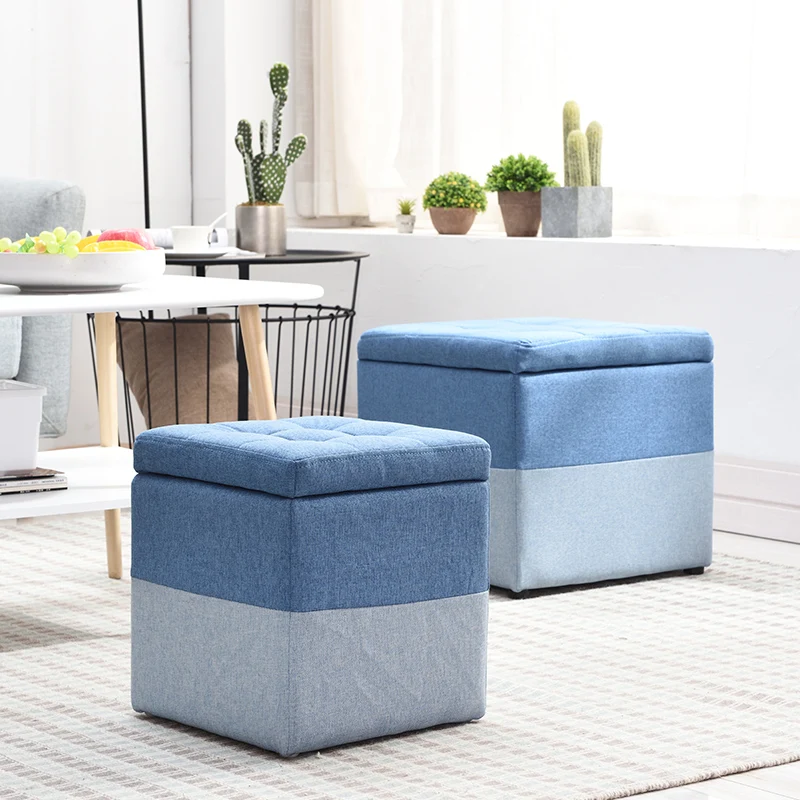 Minimalist Wooden Storage Ottoman with Fabric Seat