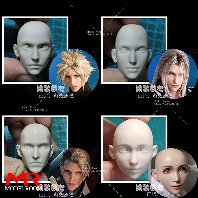 

Unpainted 1/6 Scale Cloud Sephiroth Rufus Prompto Tifa Noctis Head Sculpt Carving Model for DIY Painting Exercise