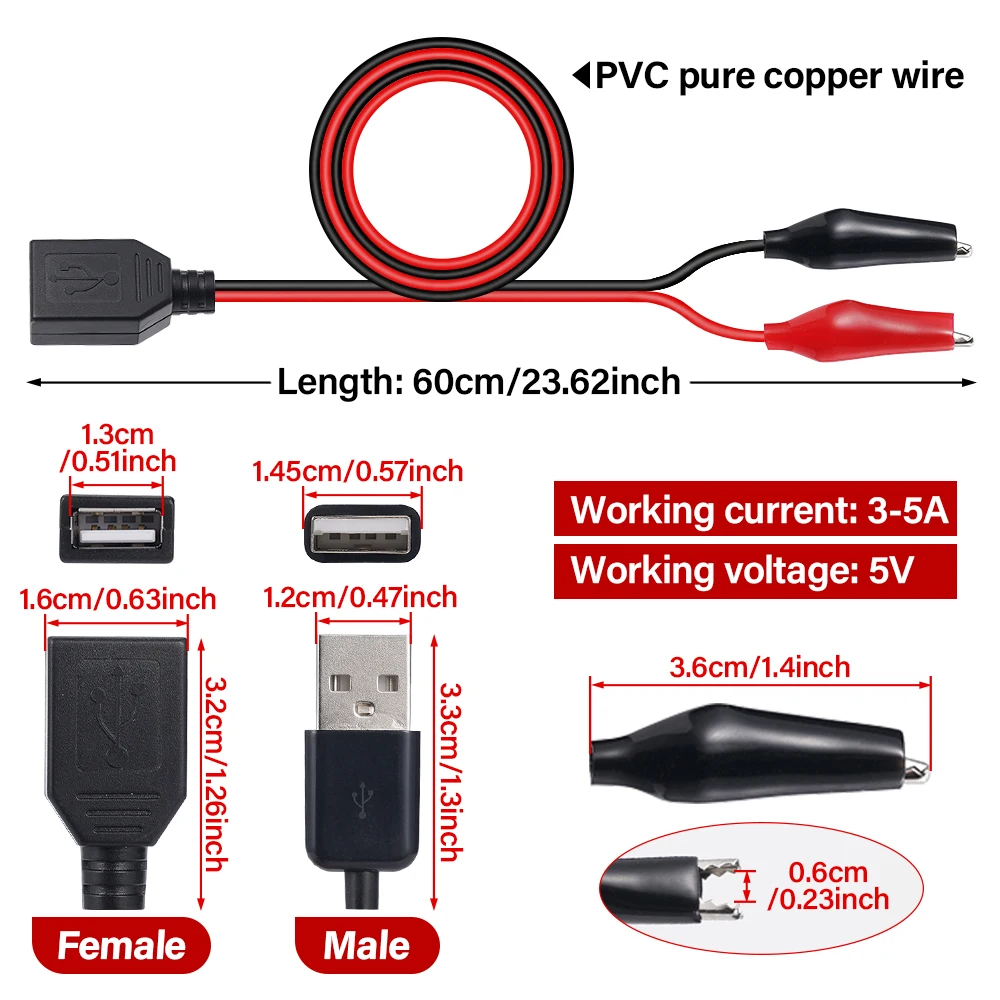 1/2Pcs 60CM Alligator Test Cilp To USB Male Female Connector Adapter Crocodile Test Clamp Clip Power 5V test Cable