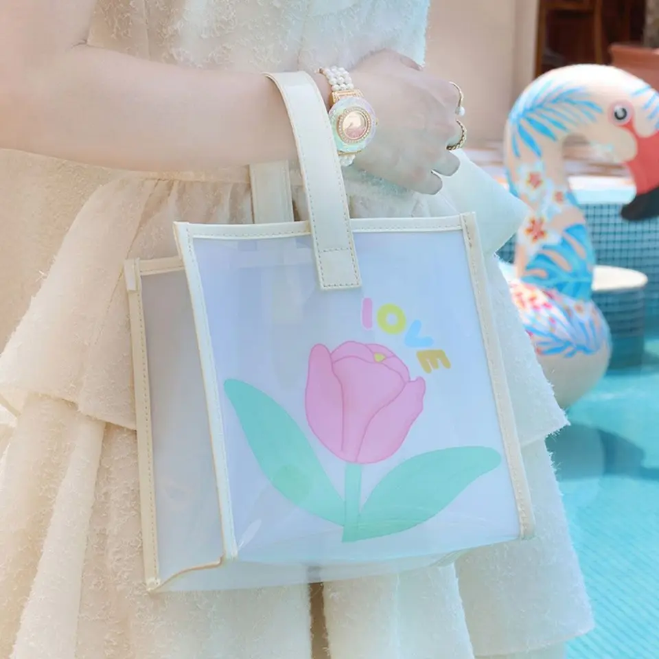 Borsa da spiaggia con grafica lettera olografica, borsa trasparente