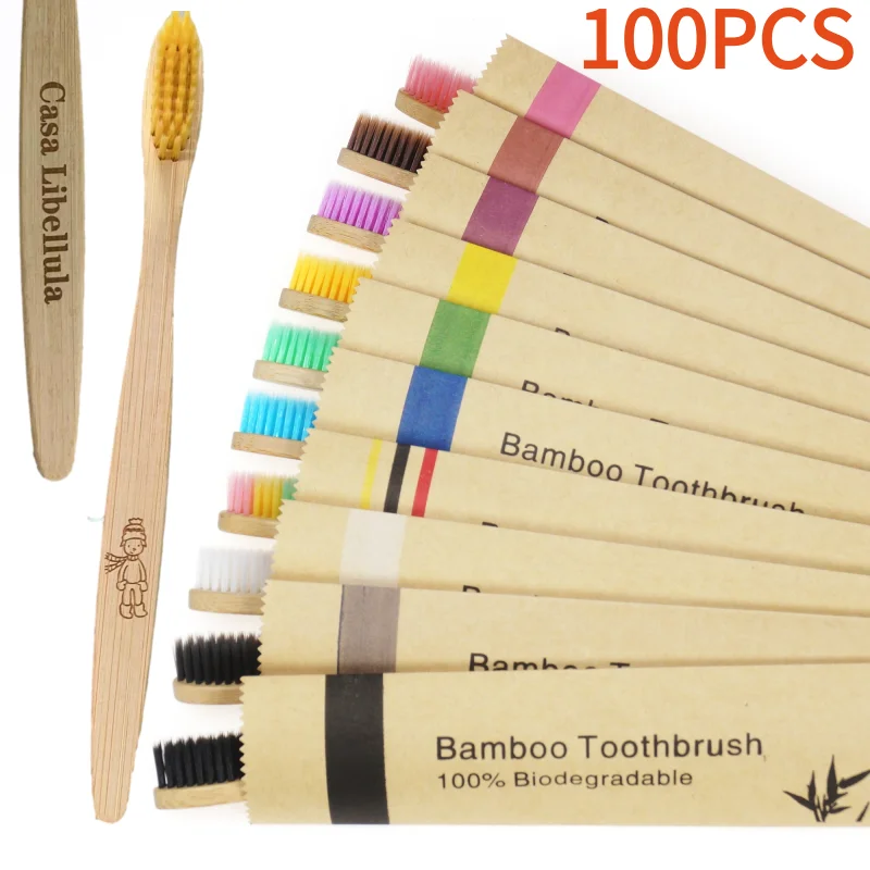 Eco-Friendly Bamboo Toothbrush Set with Custom Engraving - 100-Pack of Reusable Wooden Soft Brushes