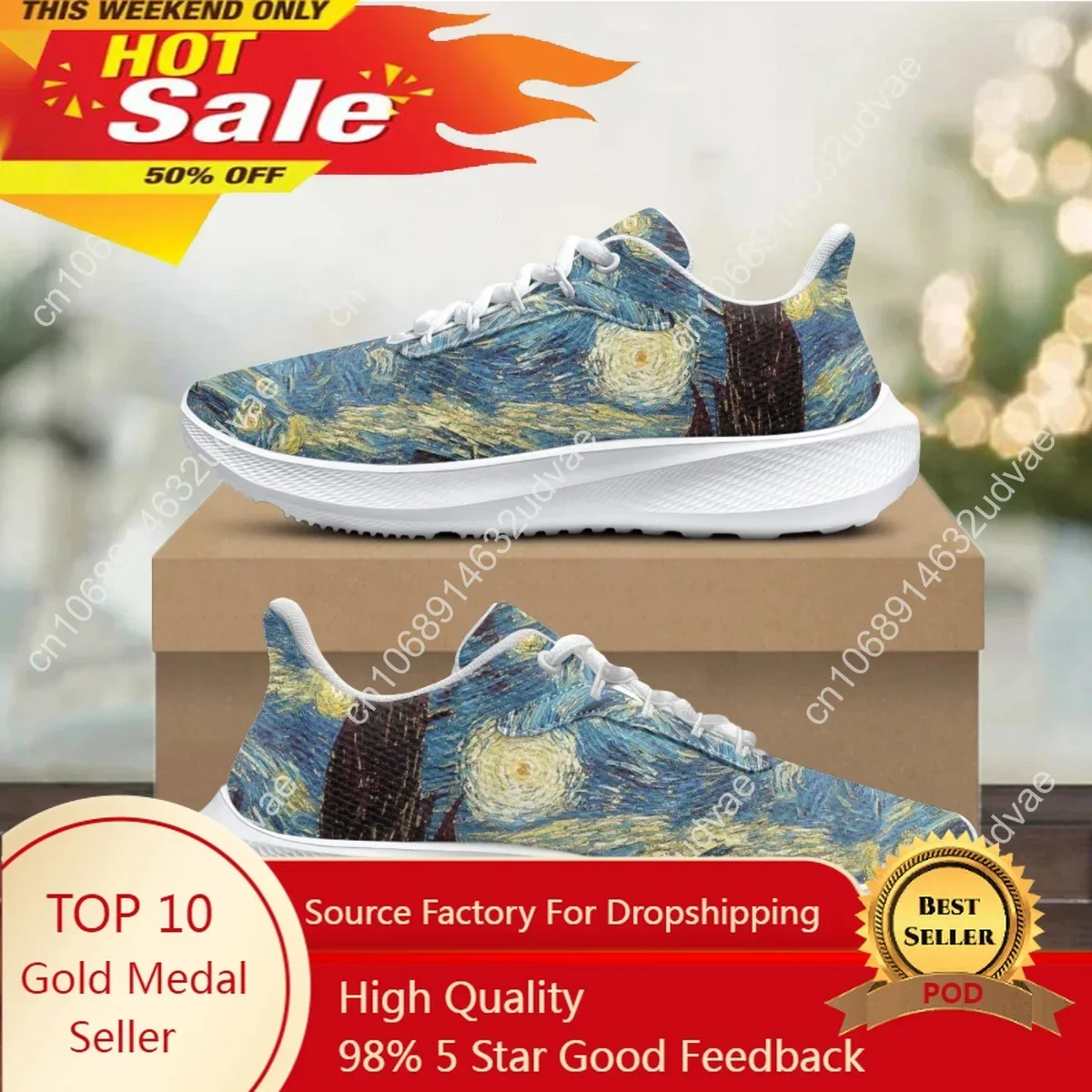 

Van Gogh Oil Painting Design Ladies Sneakers Starry Night Print Comfortable Lace-up Shoes Breathable Girls Running Shoes Female