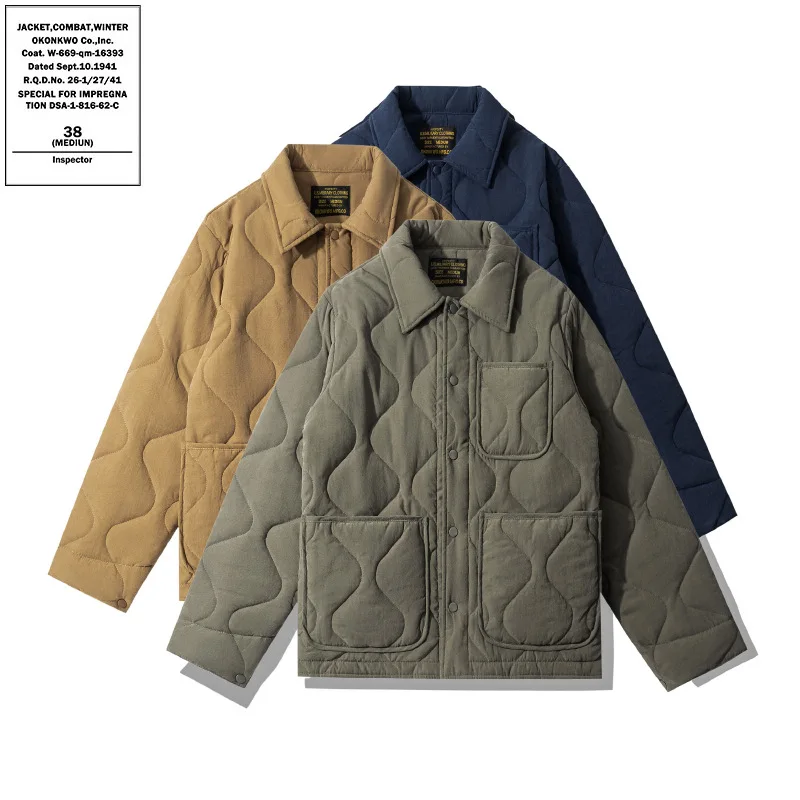 OKONKWO Cotton Collar Warm Jacket Retro Plus Cotton Quilted Gourd Grid Coat Outdoor Trekking Hiking Travel Blazer Cargo Overcoat