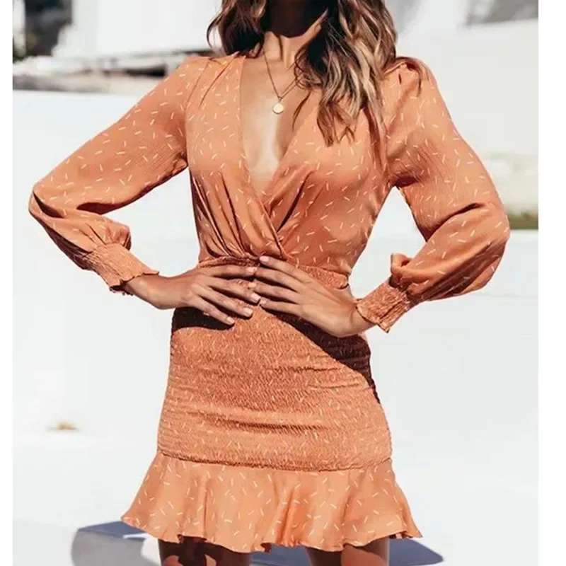 

Sexy V-neck Long Sleeve Pleated Dress Fashion Girl Women Autumn Print Elastic High Waist Party Mini Dress Ruffle Dress Women