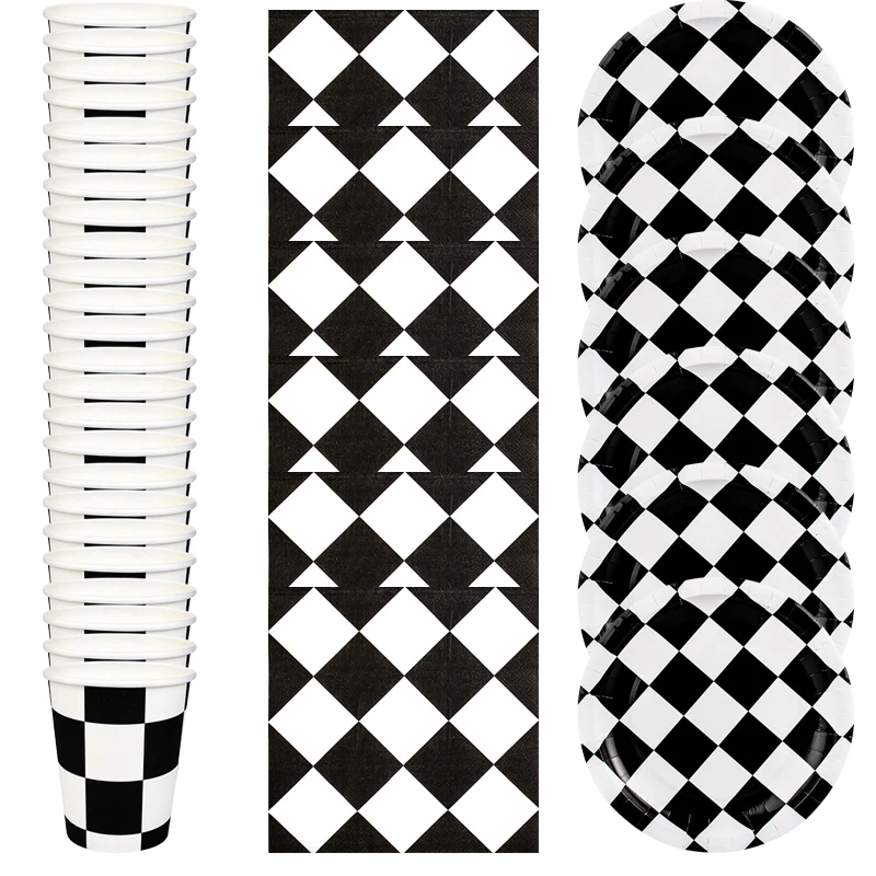 

60pcs/lot Black White Lattice Theme Tableware Set Happy Birthday Party Plates Cups Decoration Baby Shower Napkins Supplies