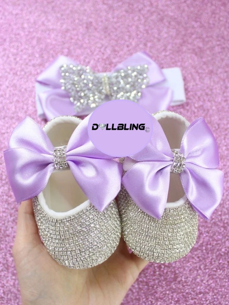 Dollbling Ivory Christening Baby Bowknot Rhinestone Toddler Infant Kids Baby Girls Soft Sole Shoes with Headband 0-1y Outfit 2