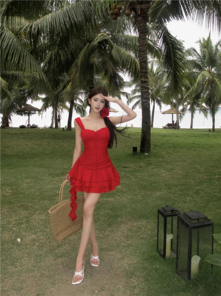 Summer New Holiday Beach Style Short Dresses for Women Spaghetti Strap Ruffles A-line Birthday Party Dress Korean Chic Vestidos