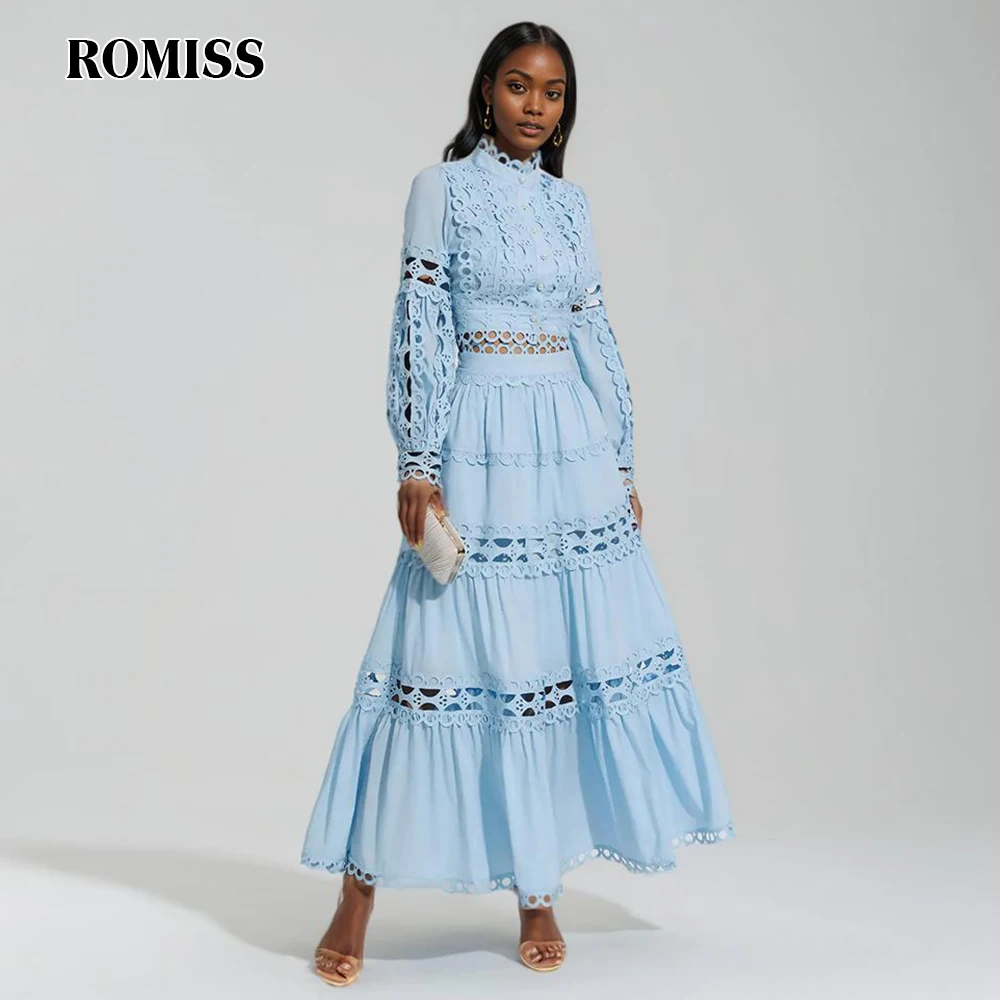 

ROMISS Solid Hollow Out Two Piece Set For Women Stand Collar Lanter Sleeve Tops High Waist Skirts Elegant Sets Female New