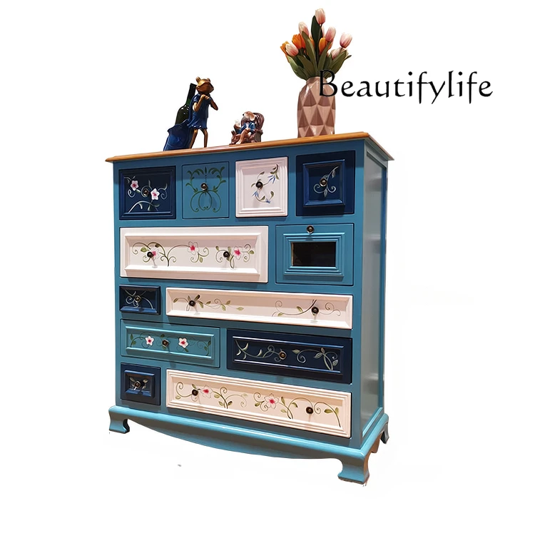 

American-Style Chest of Drawers Locker Hallway Blue Cabinet Solid Wood Bedroom Storage Decoration