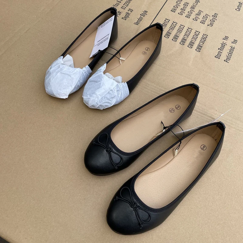 Elegant Bowknot Ballerina Women's Flat Round Toe Comfort Slip-On Ladies Loafers Leather Single Mules Shoes 6