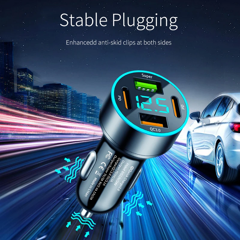 4 Port PD QC3.0 USB C Car Charger Fast Charging Type C Car Phone Charger Adapter For iPhone Samsung Xiaomi Huawei LED Display