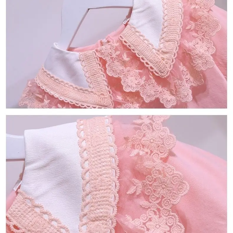 White Girls Short Sleeve T-Shirt Summer New Cotton Teen Kids Lace Lapel Blouse Cheildren School Clothes Tops 3-12 Y