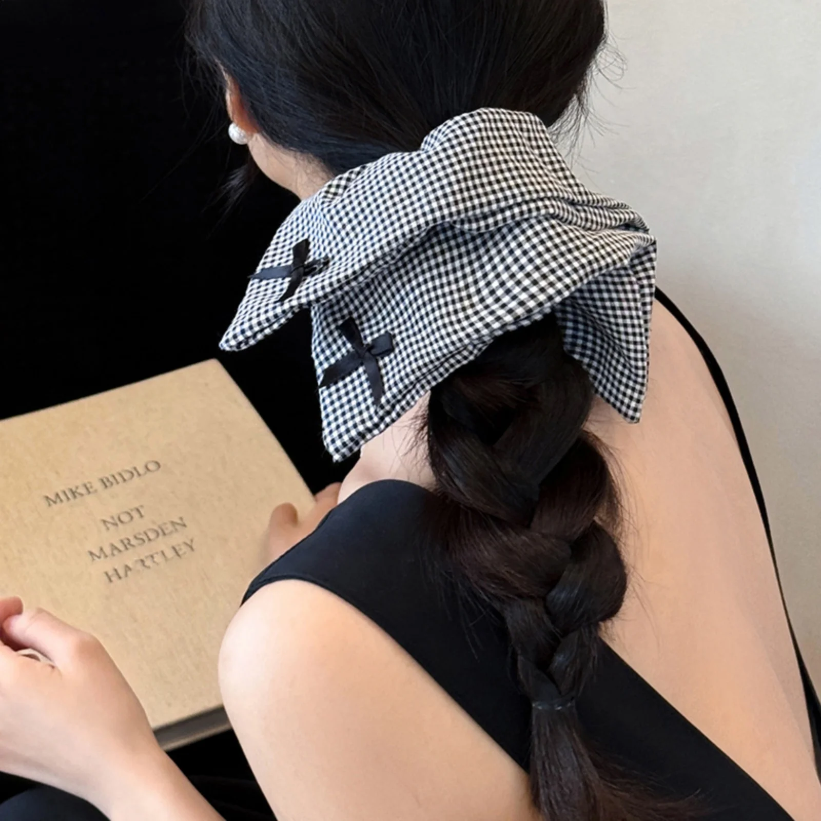 Square Large Black White Checkered Striated Leopard Print Bowknot Heart Intestine Hair Ties for Women Fashion Temperament Scarf